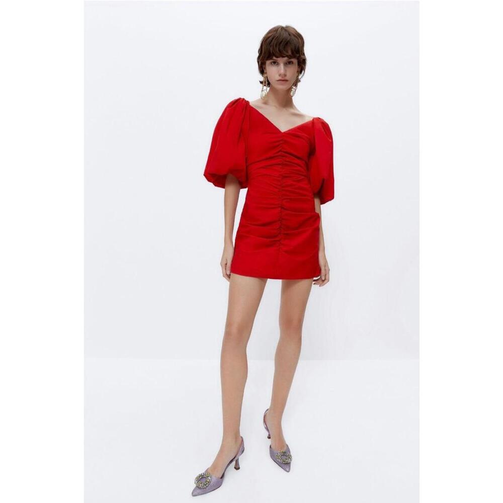 UTERQÜE Red Puff Sleeve Ruched Mini Dress Women’s Sz M Holiday Party Cocktail